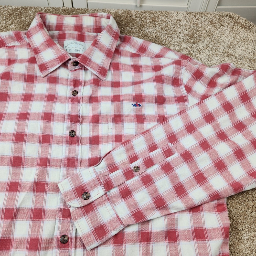 Fish Hippie Rumfront Collection Mens XL Red White Plaid Cotton Button Down Shirt